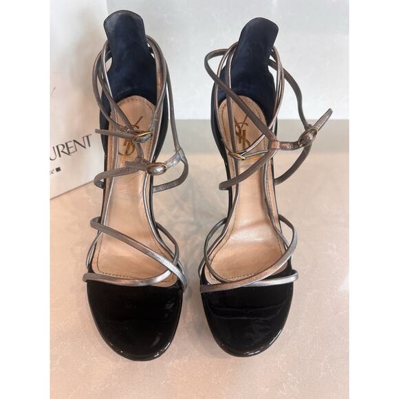 Yves Saint Laurent Rive Gauche Patent Leather Heels Sandals Navy Blue 38.5 YSL - Picture 13 of 16